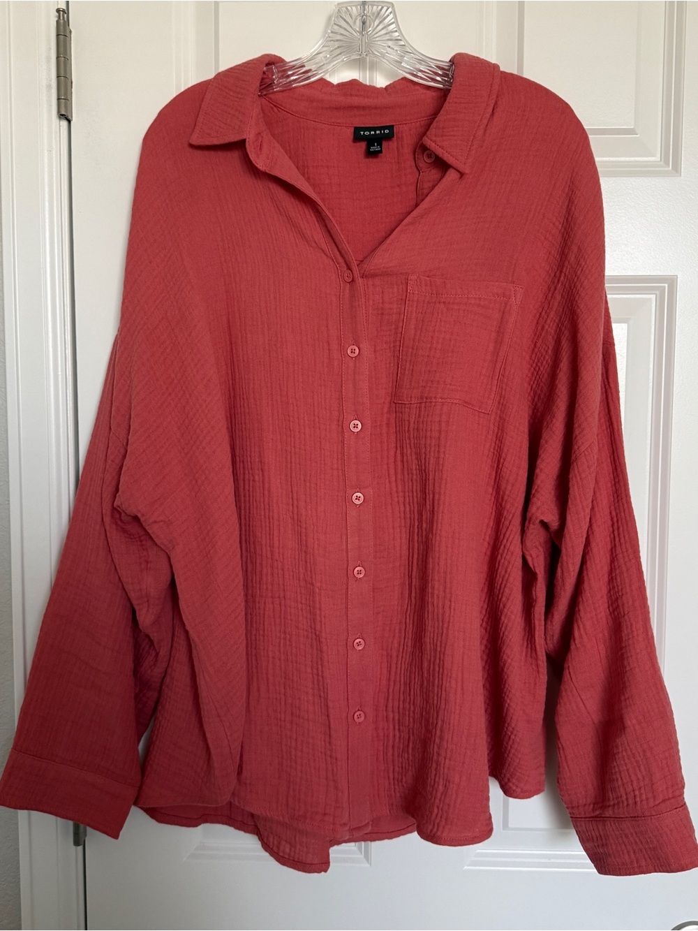 torrid Coral-Red Gauze Button-Down Shirt